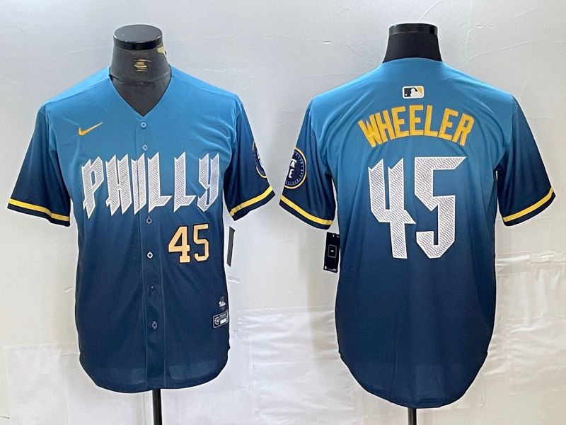 Men Philadelphia Phillies 45 Wheeler Blue City Edition Nike 2024 MLB Jersey style 2